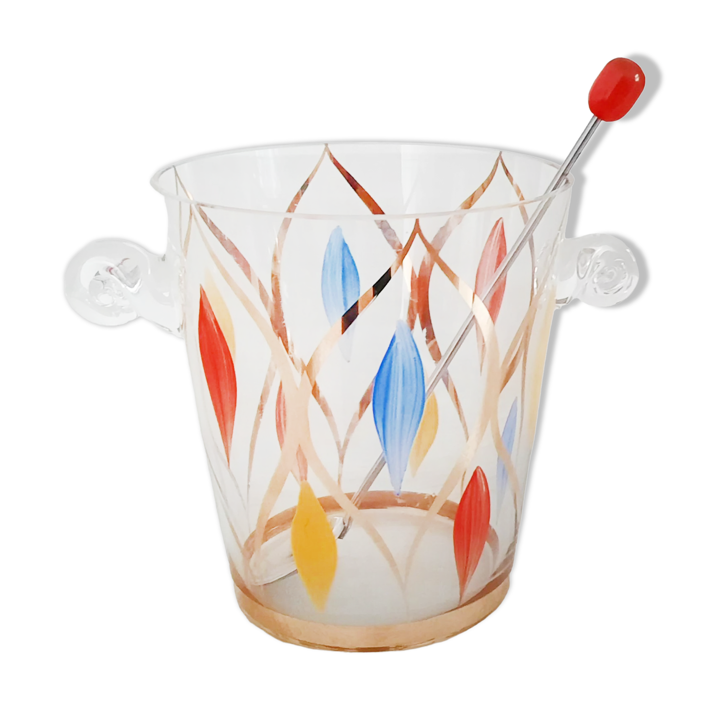 Glass ice bucket, metal spoon and vintage bakelite