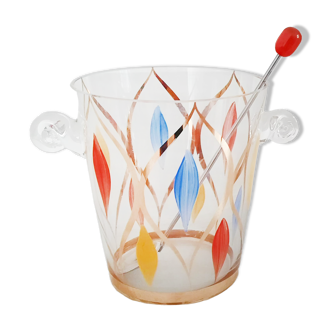 Glass ice bucket, metal spoon and vintage bakelite