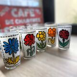 Set of 7 vintage enameled and screen-printed glasses 60/70