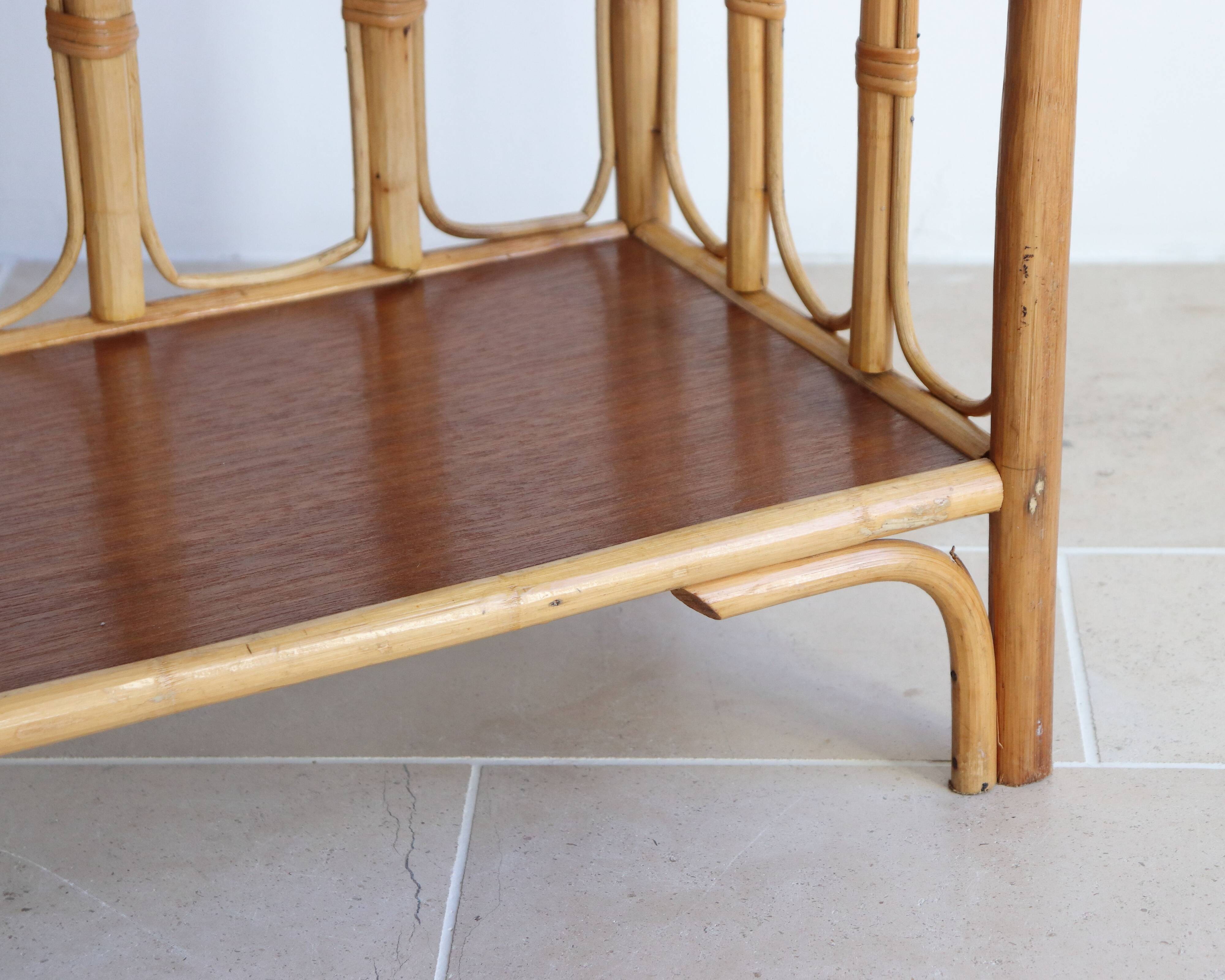 Vintage rectangular side coffee table in wood and rattan with magazine rack