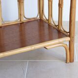 Vintage rectangular side coffee table in wood and rattan with magazine rack