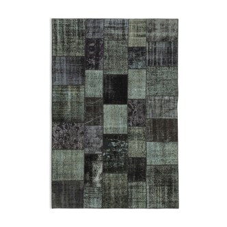 Hand-knotted oriental overdyed 198 cm x 300 cm black patchwork carpet