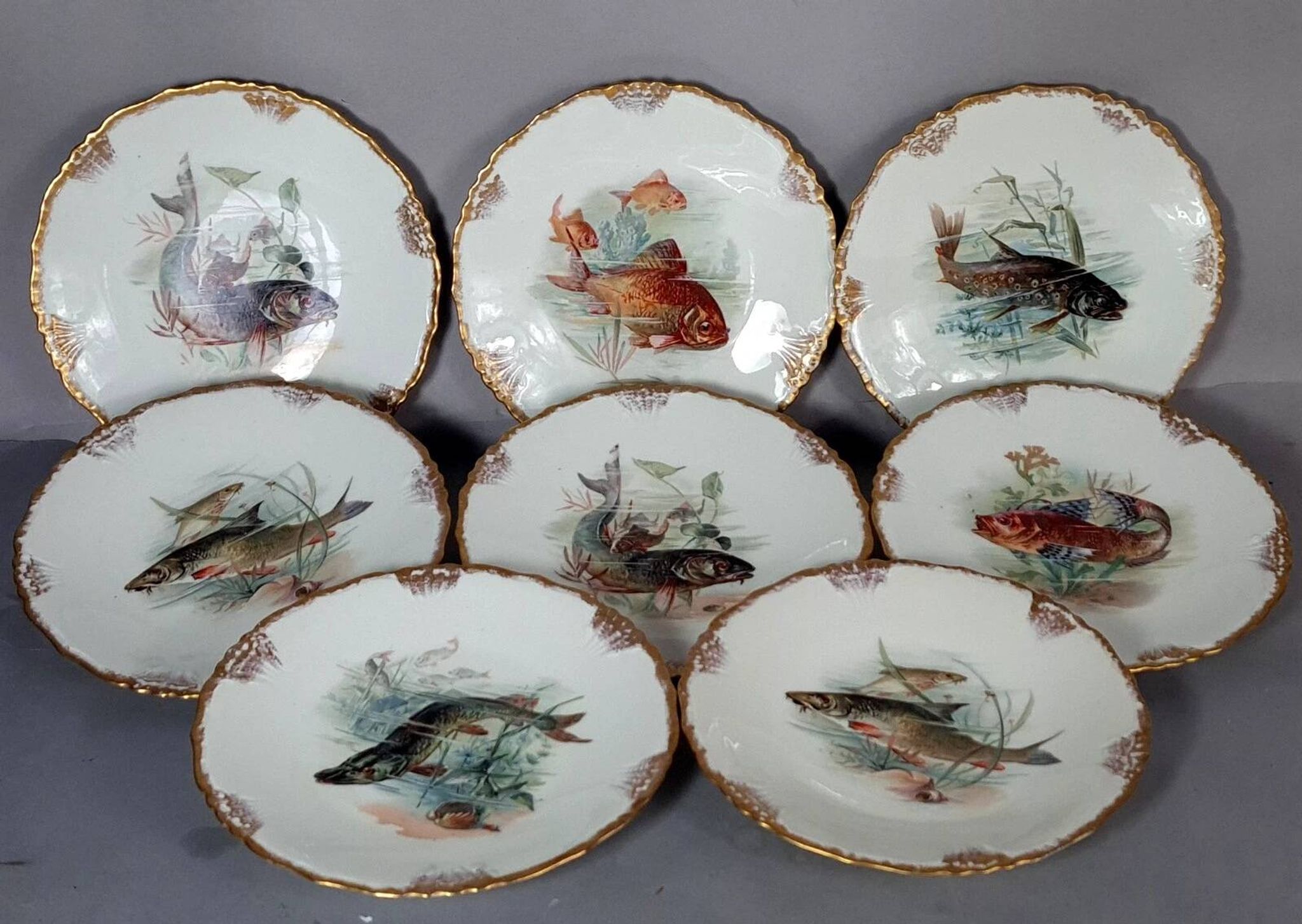 Antique fish service J. Pouyat porcelain Limoges plate 61 cm, 8 plates