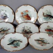 Antique fish service J. Pouyat porcelain Limoges plate 61 cm, 8 plates