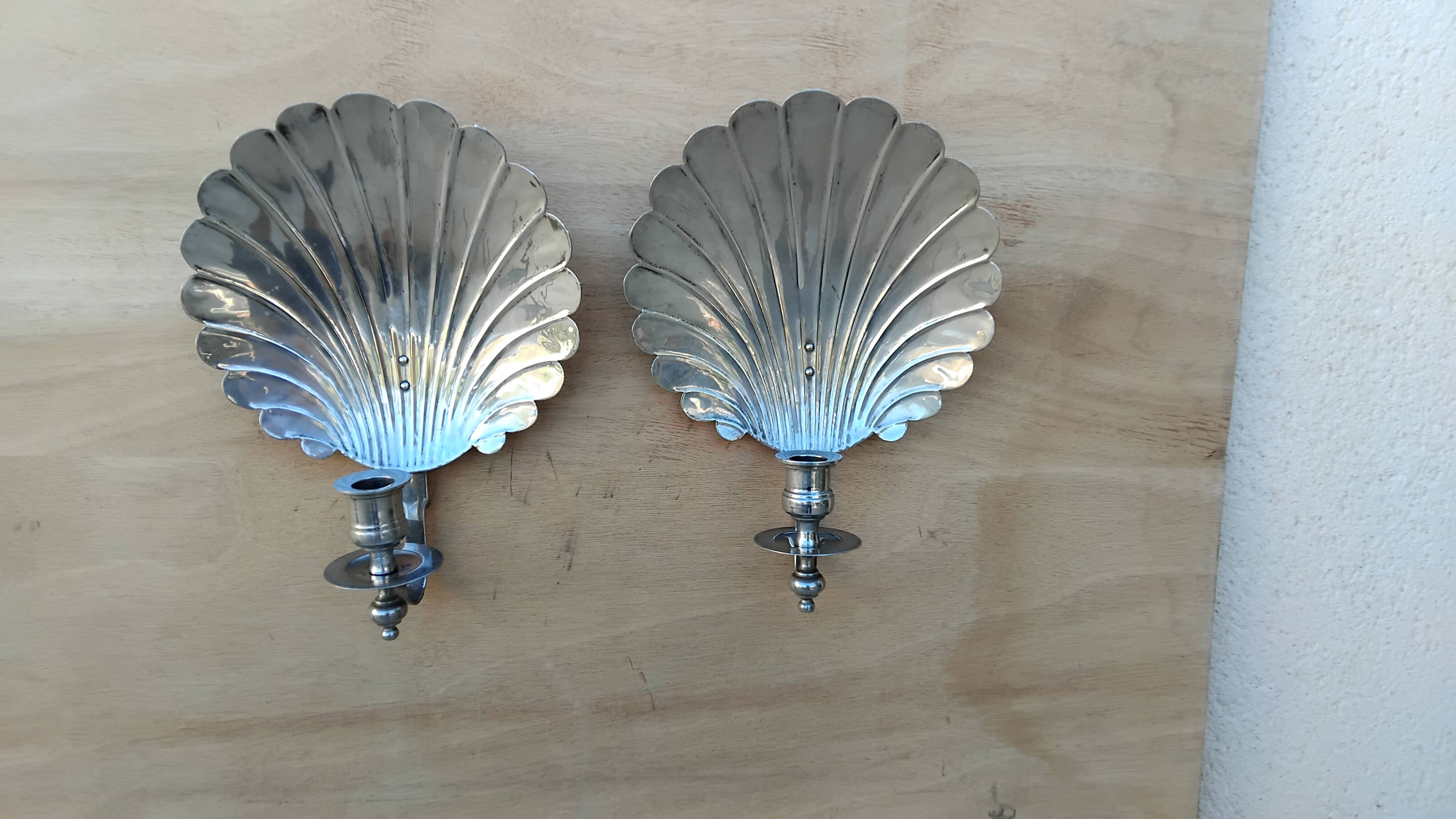 Pair of vintage silver-plated scallop shell wall candle holders