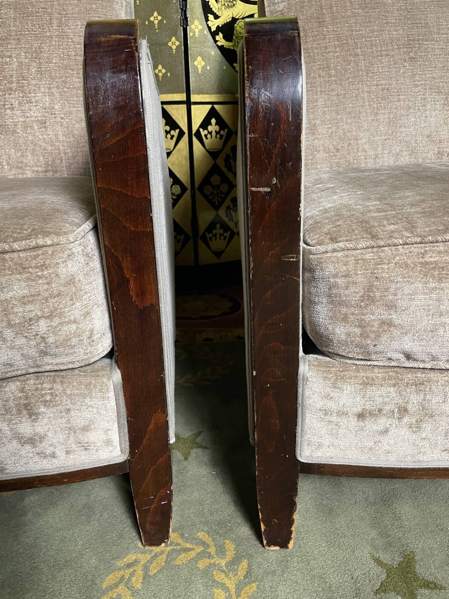 Pair of Art Deco armchairs in taupe velvet