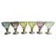 Set of 6 coloured stemmed glasses on silver stems.