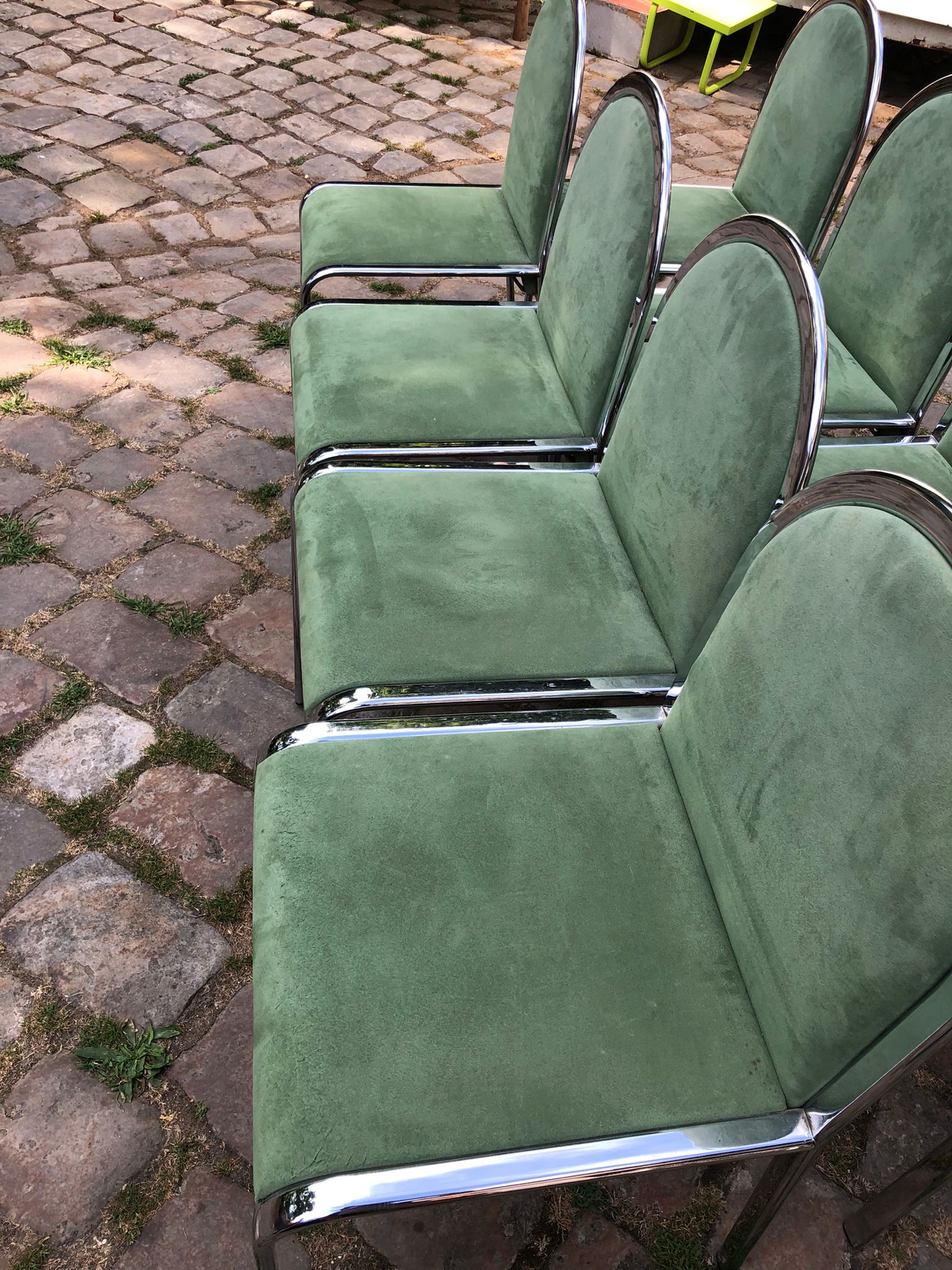 1970 design chair in green suede and chrome