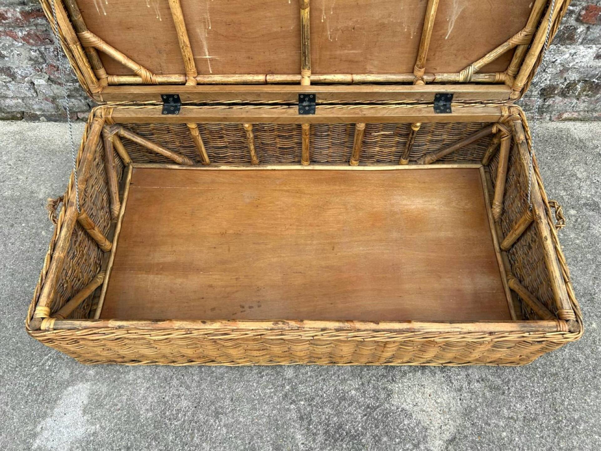 Very large vintage wicker and rattan trunk, antique chest.