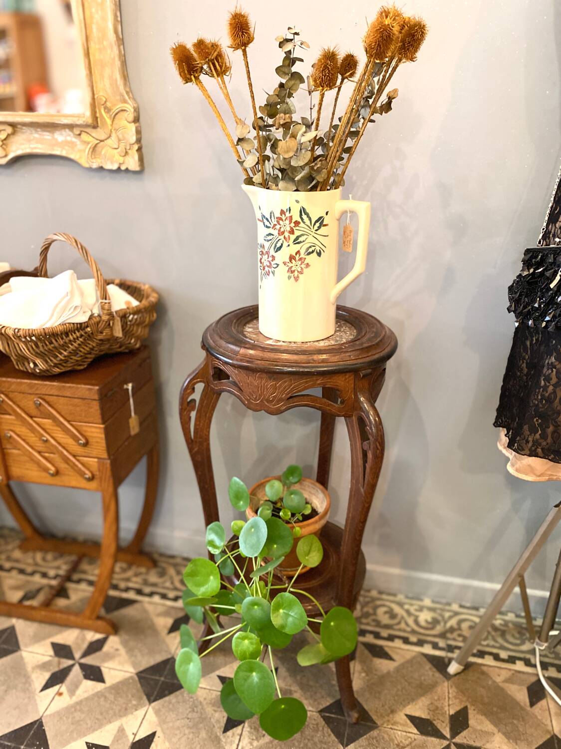 Art Nouveau wooden and marble stool
