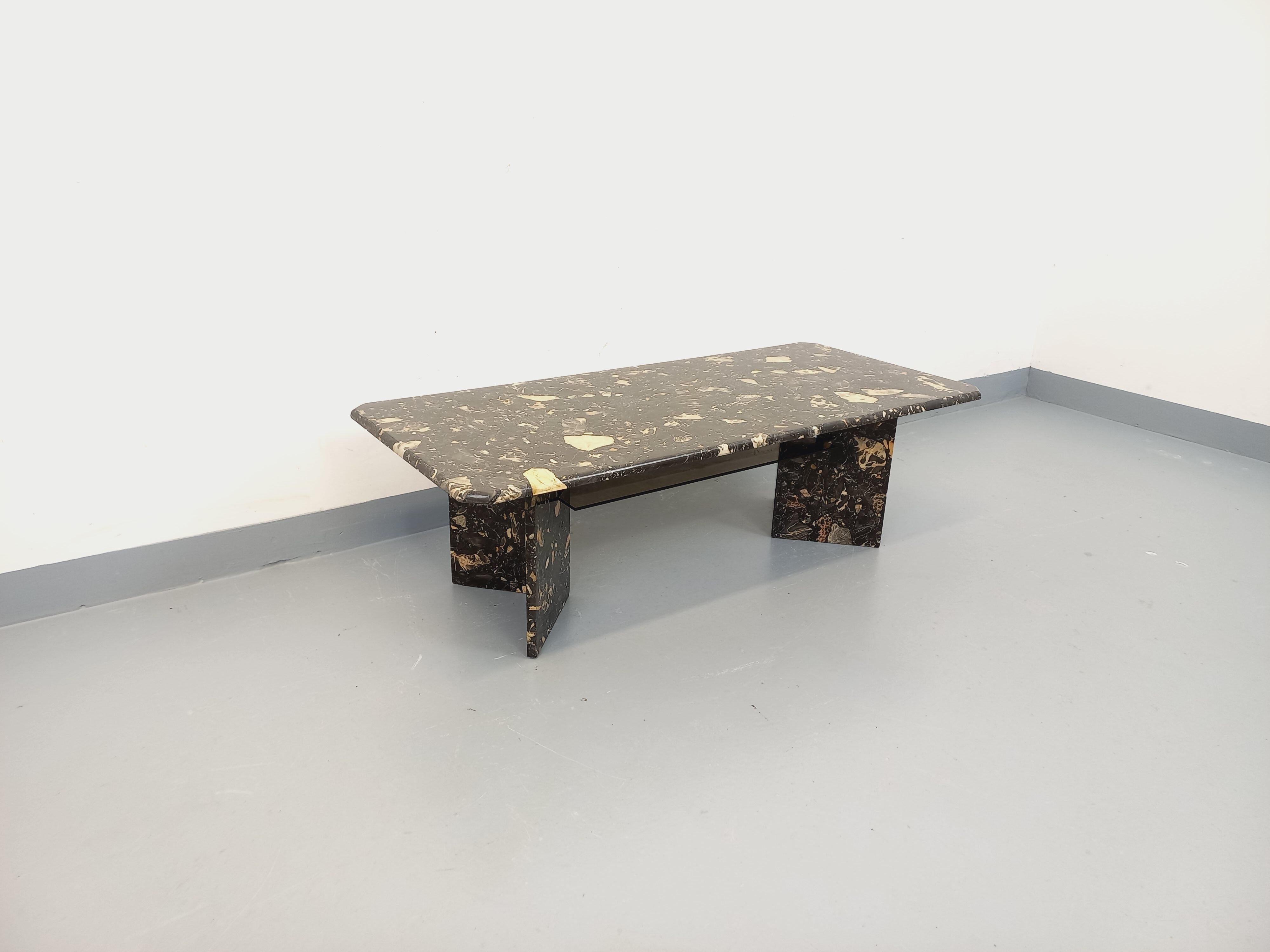 Vintage rectangular coffee table in black marble and smoked glass from the 1970s.