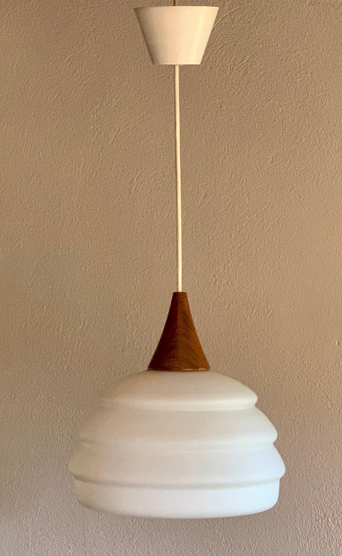 Vintage teak and opaline pendant lamp by Louis Kalff for Philips