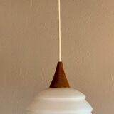 Vintage teak and opaline pendant lamp by Louis Kalff for Philips