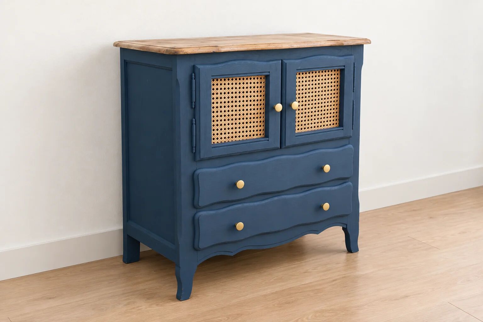 Small renovated vintage buffet in blue from Vosges, Libéron and caning – 2 doors, 2 drawers