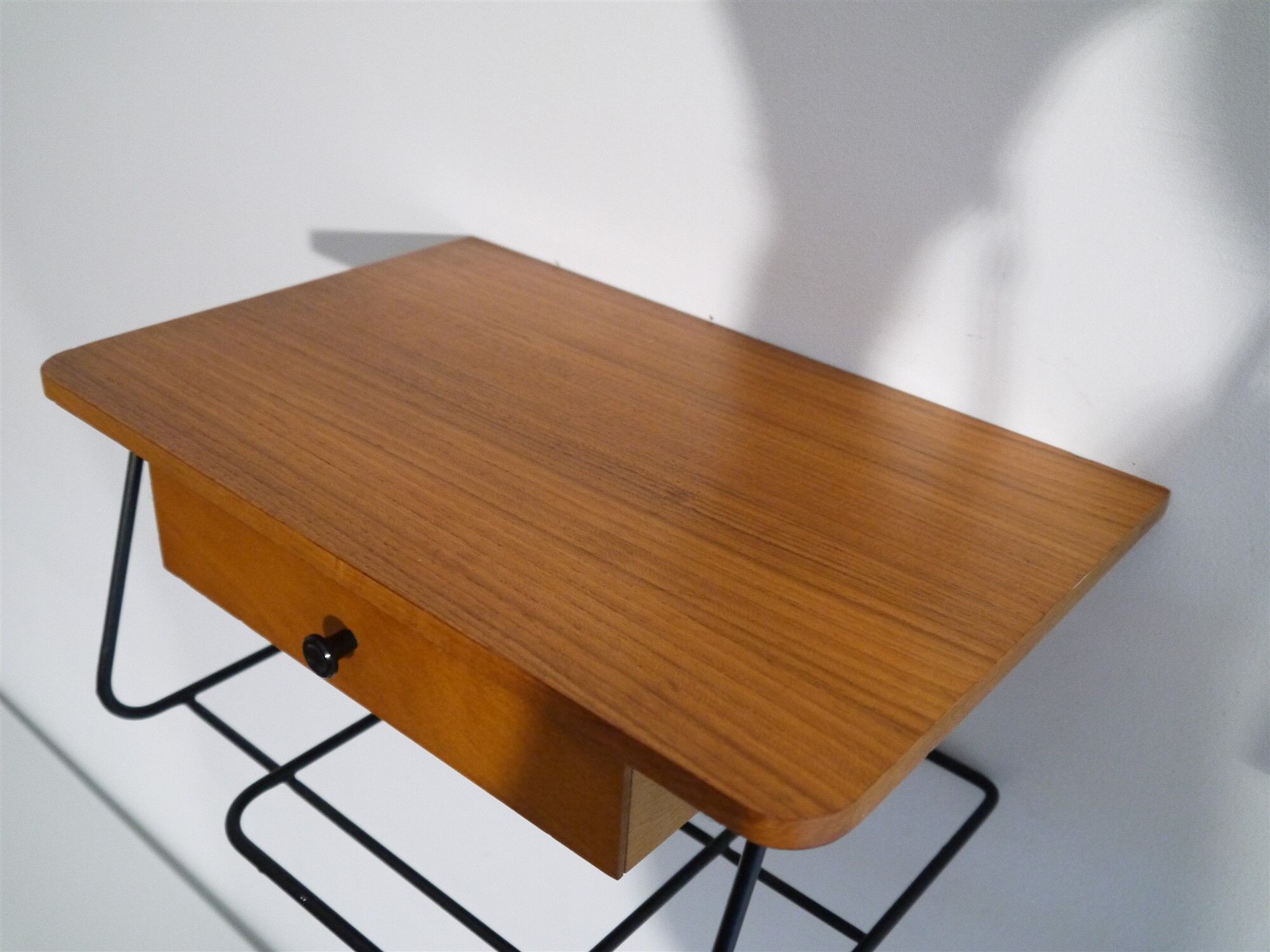 Scandinavian vintage hanging bedside pair in teak and metal