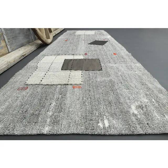 1970s Turkish Oushak handmade wool cotton gray runner 111x352