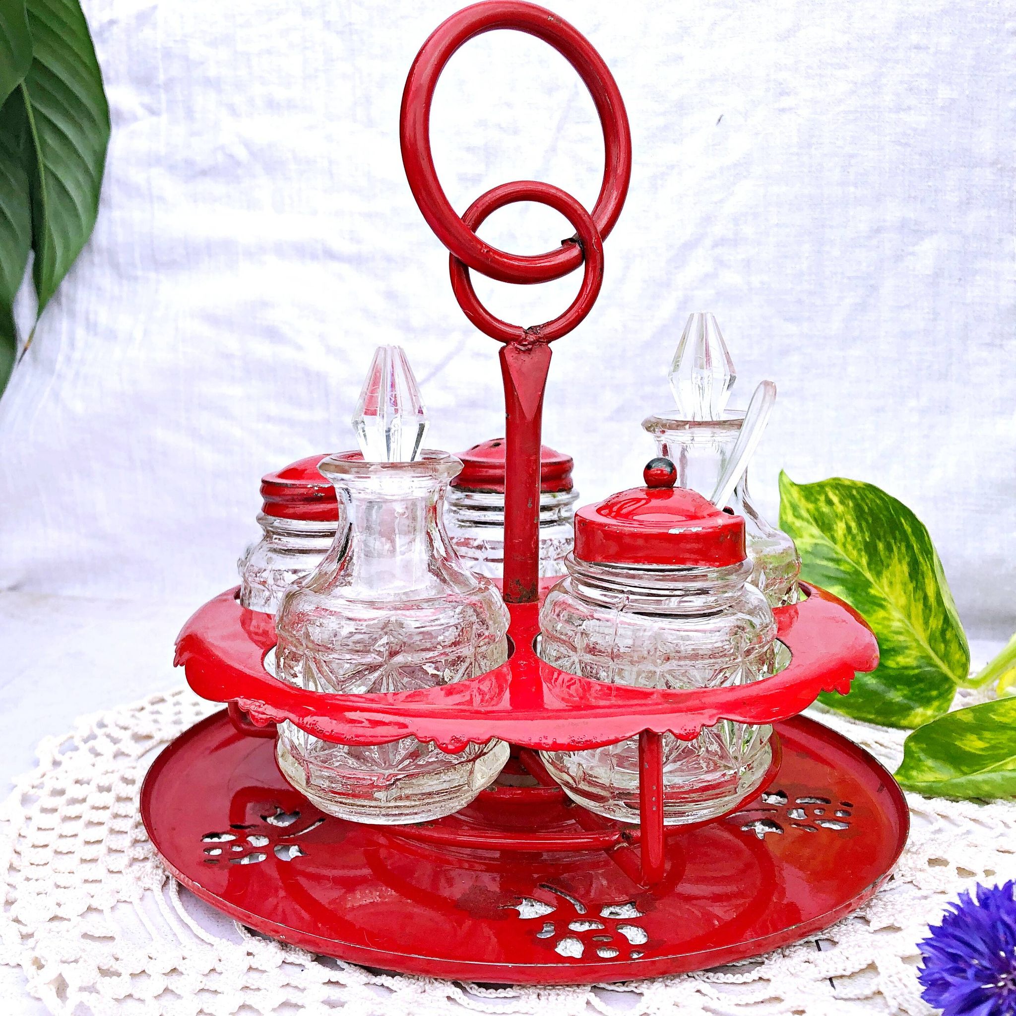 Table condiment server red metal turntable 6 vintage pieces