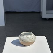 Small white ball vase tight neck in glazed speckled ceramic