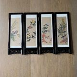 Paravent de table chinois en papier de soie peint, bois et verre
