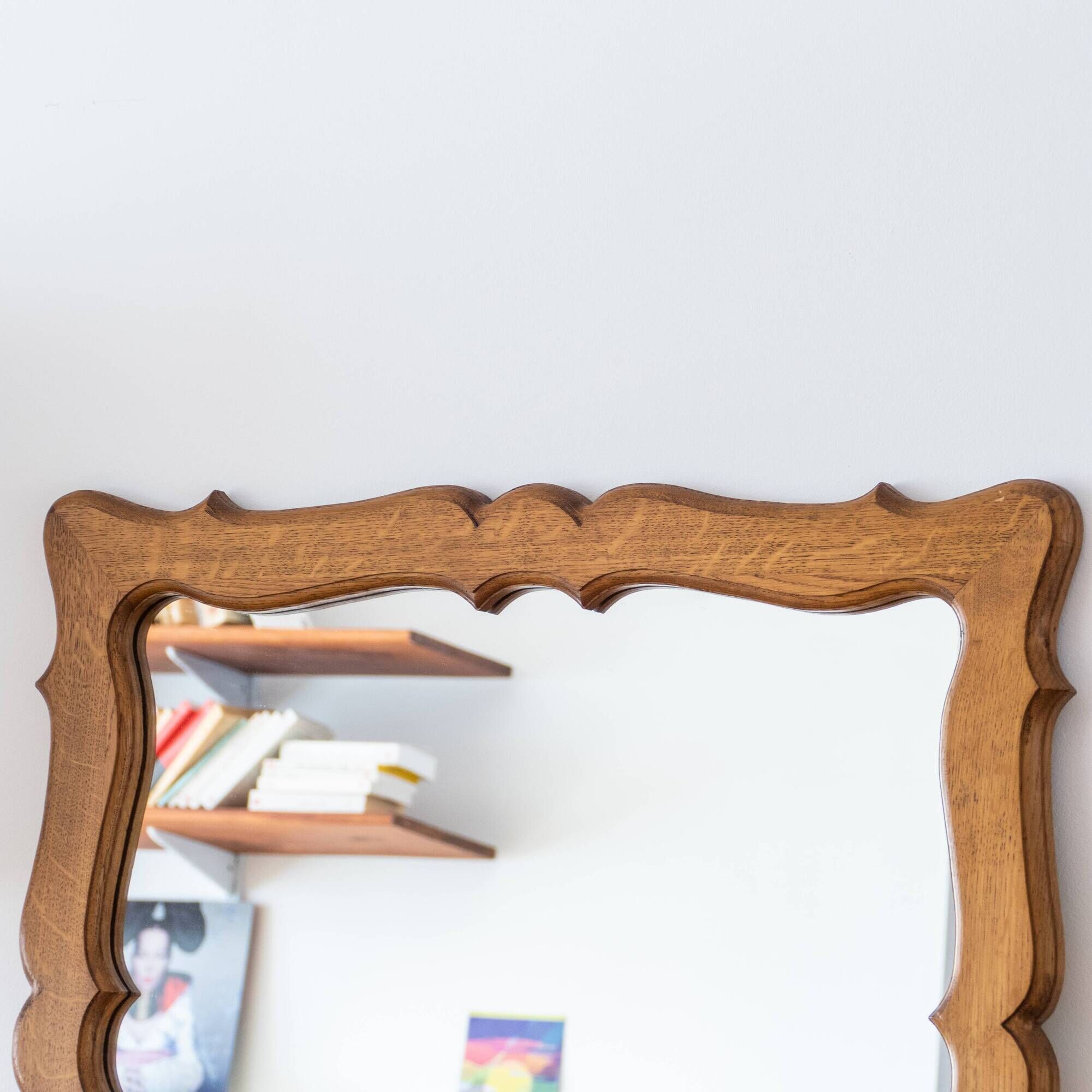 Very large vintage mirror in scrolled solid oak
