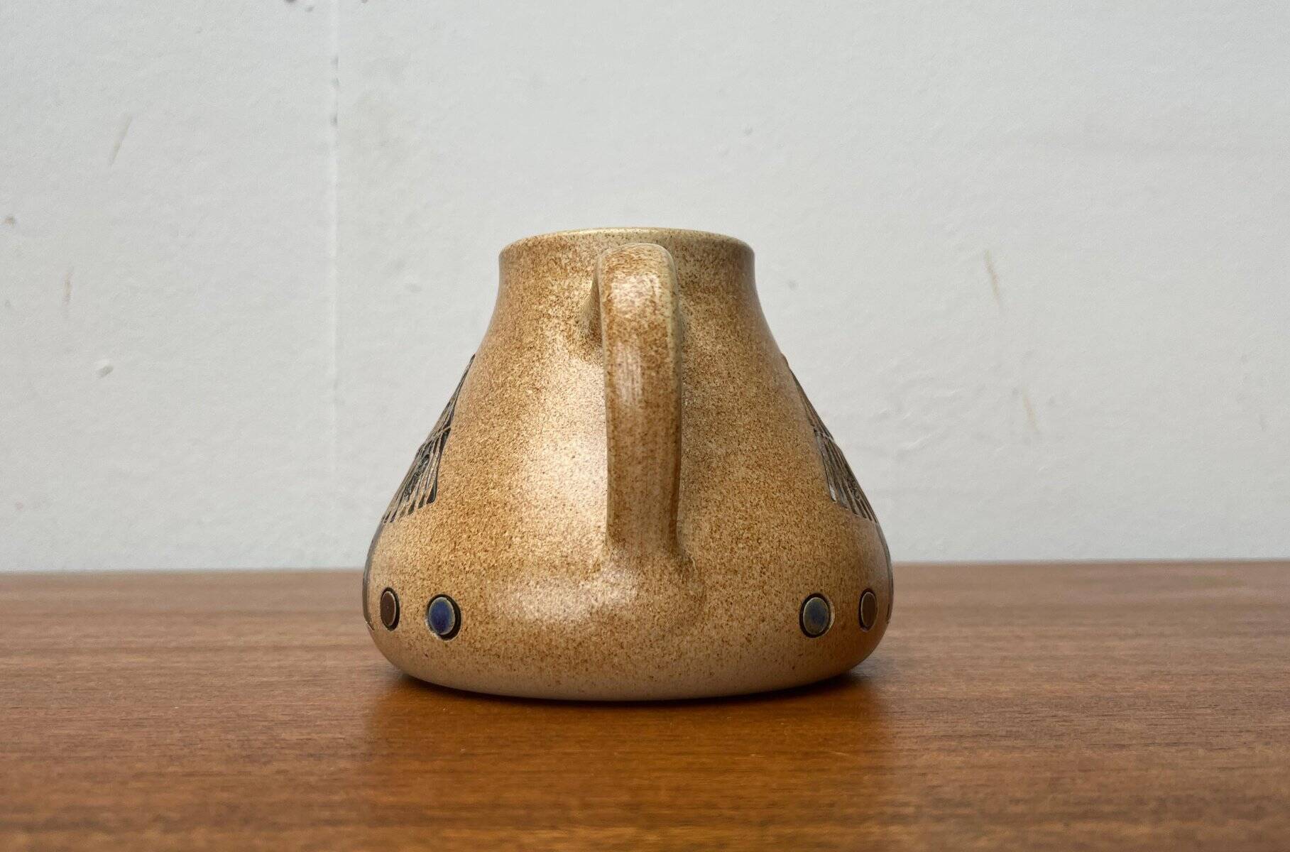 Mid-century German ceramic studio pitcher with owl motif by Heinz Theo Dietz, 1960s.