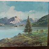 peinture à l'huile sur isorel des années 1950, paysage de montagne