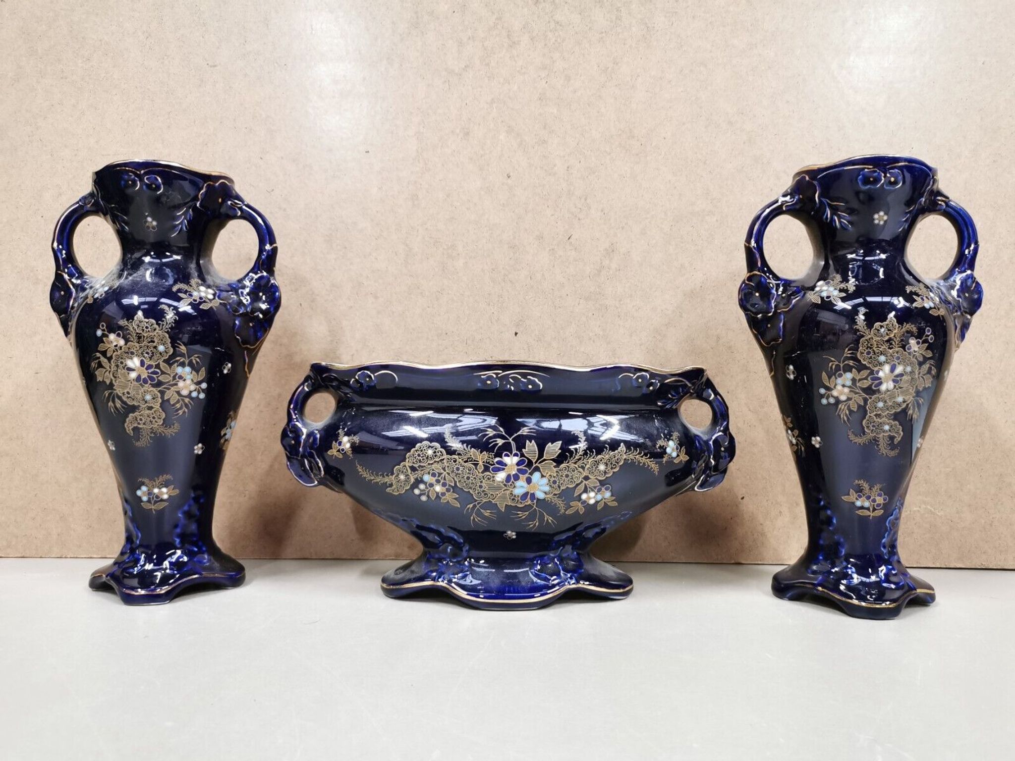 Pair of Vases + Art Nouveau Planter Barbotine De Bruyn FIVES LILLE