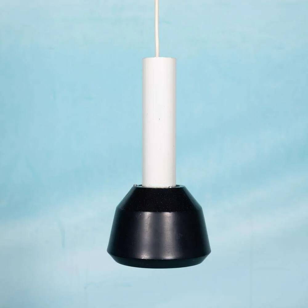 Vintage pendant light design, retro black and white ambient lamp.