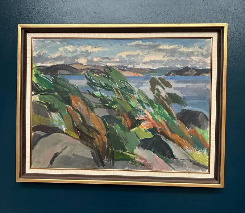Large original Swedish oil on canvas – "Rocky Shore" – Signed – vintage and framed – 91 × 70 cm (35.8 in × 27.6 in)