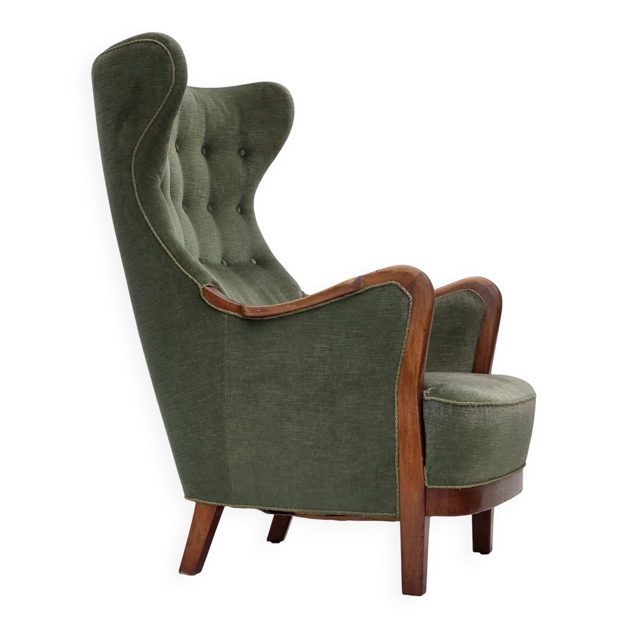 1960s, Danish highback armchair, green furniture velour, teak wood.