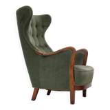 1960s, Danish highback armchair, green furniture velour, teak wood.