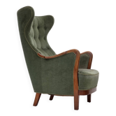 Fauteuil danois à dossier haut, années 1960, velours vert, bois de teck.