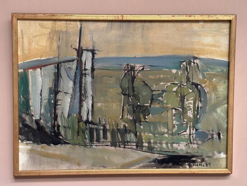 Original Swedish Oil on Canvas – “Abstract Landscape” by S. Hamlet – Dated 1960 – Vintage and Framed – 66 × 48 cm (26" × 18.9")