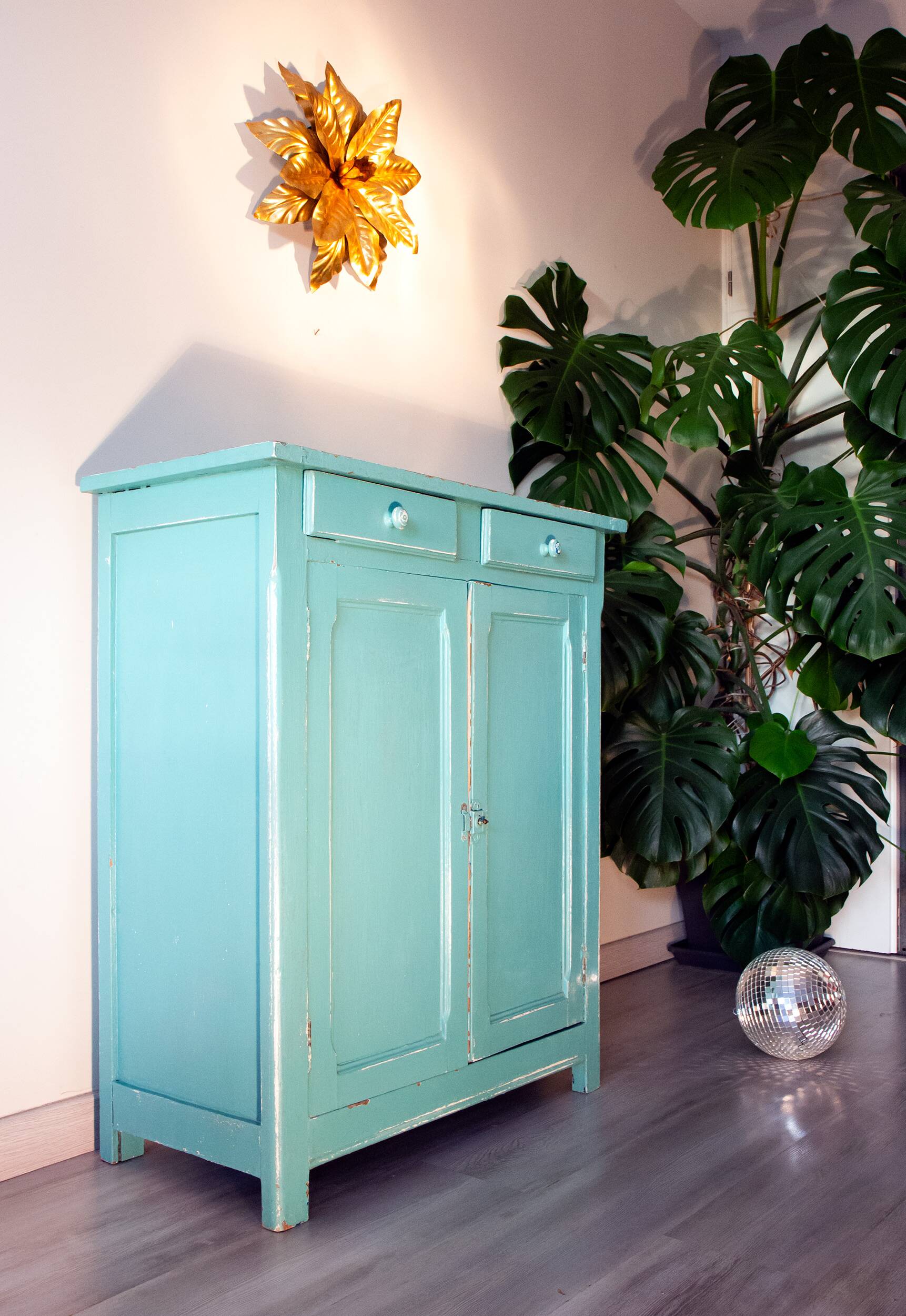 Parisian water green sideboard, patinated wood, 1950