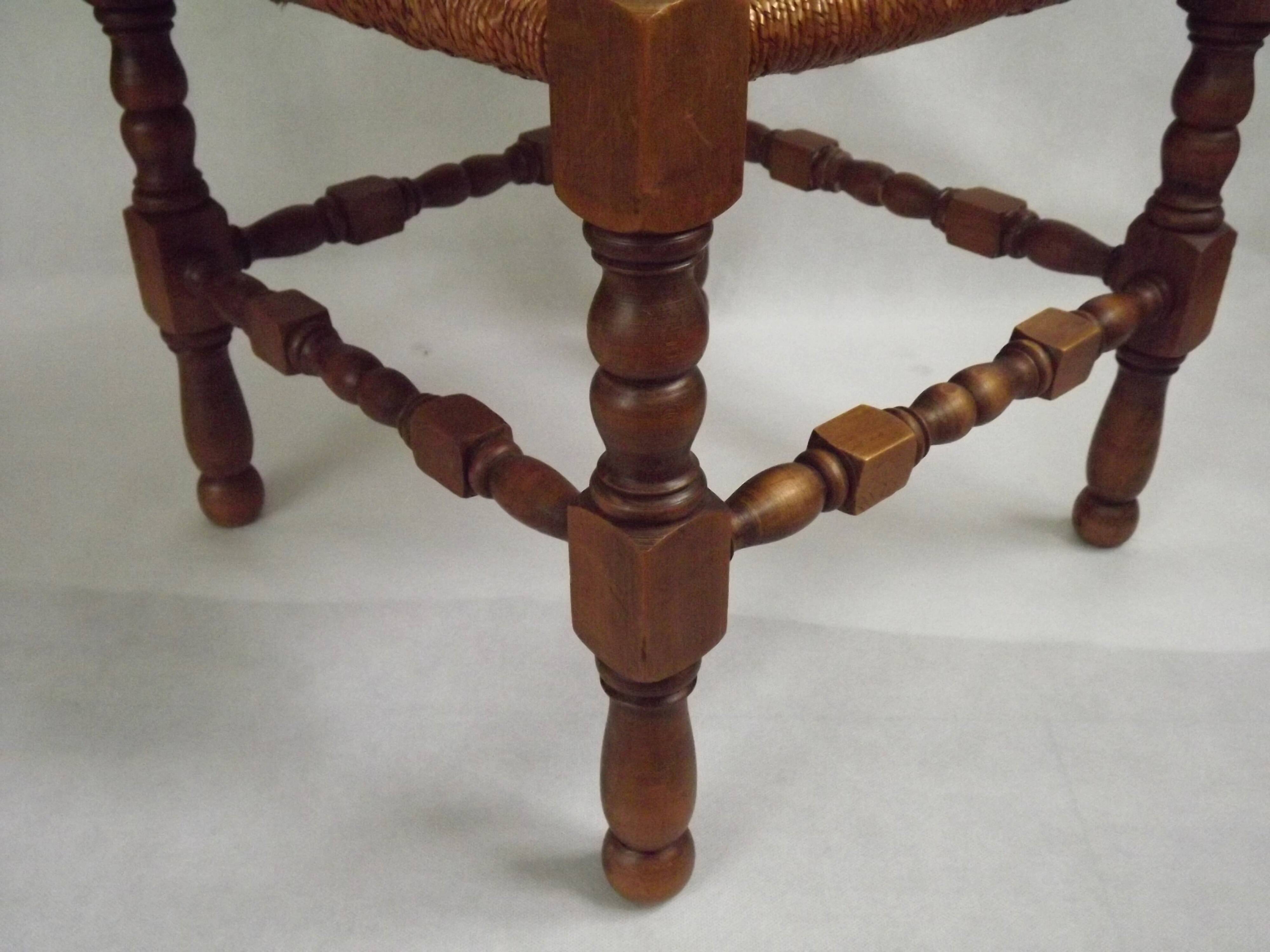 Antique French Turned Wooden Bobbin Chair with Rush Seat