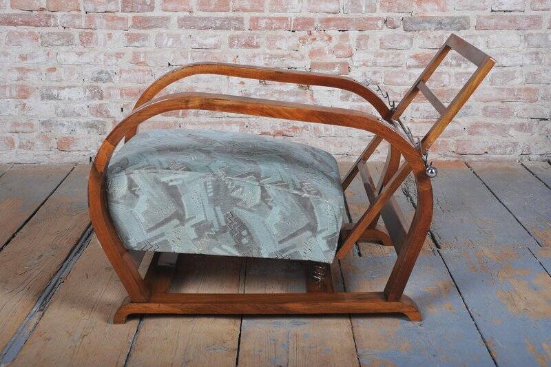 Czech Art Deco Walnut and Chrome Reclining Armchair, 1930s