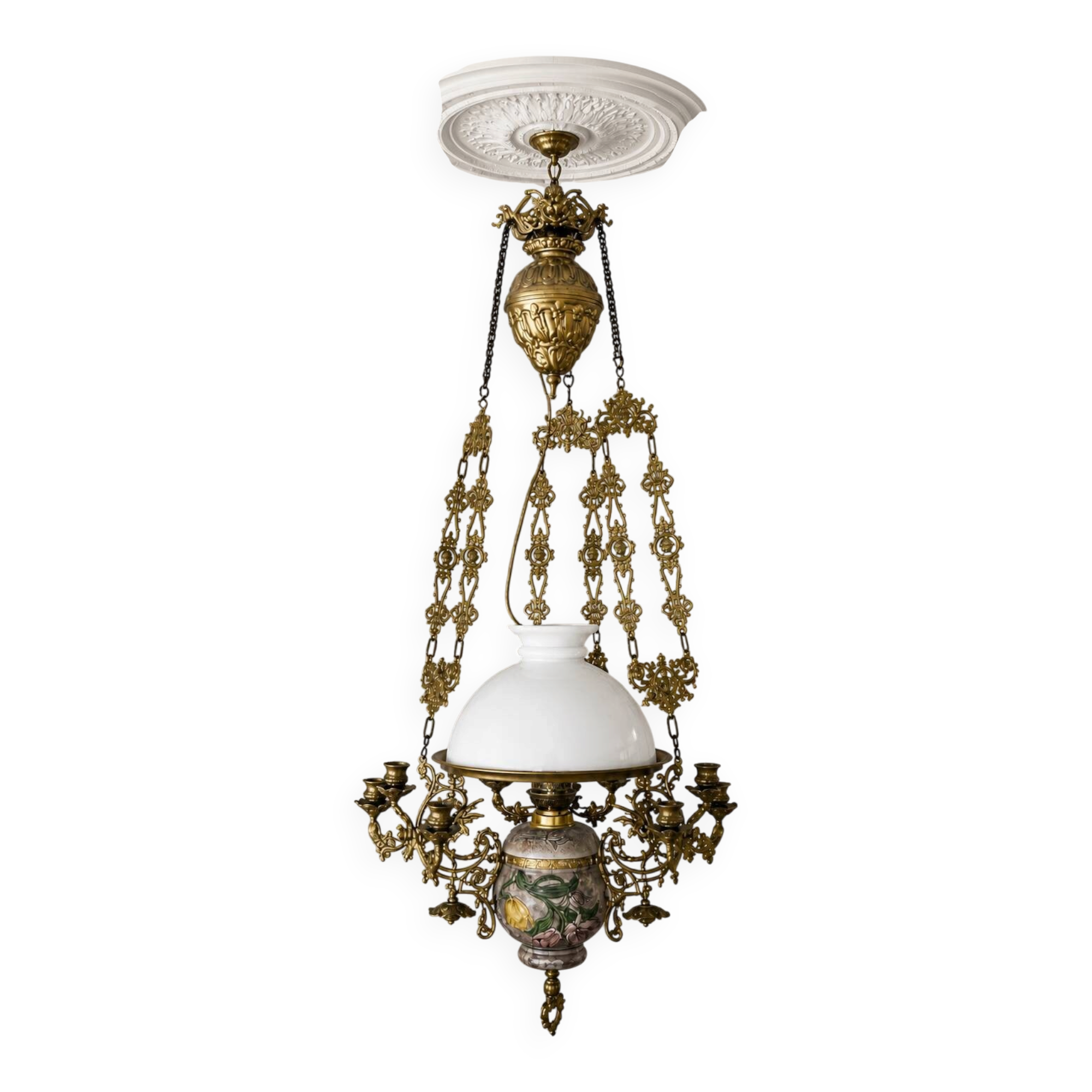 Antique lustre from the late 19th century, brass and opaline with floral decoration, 9 oil lights.