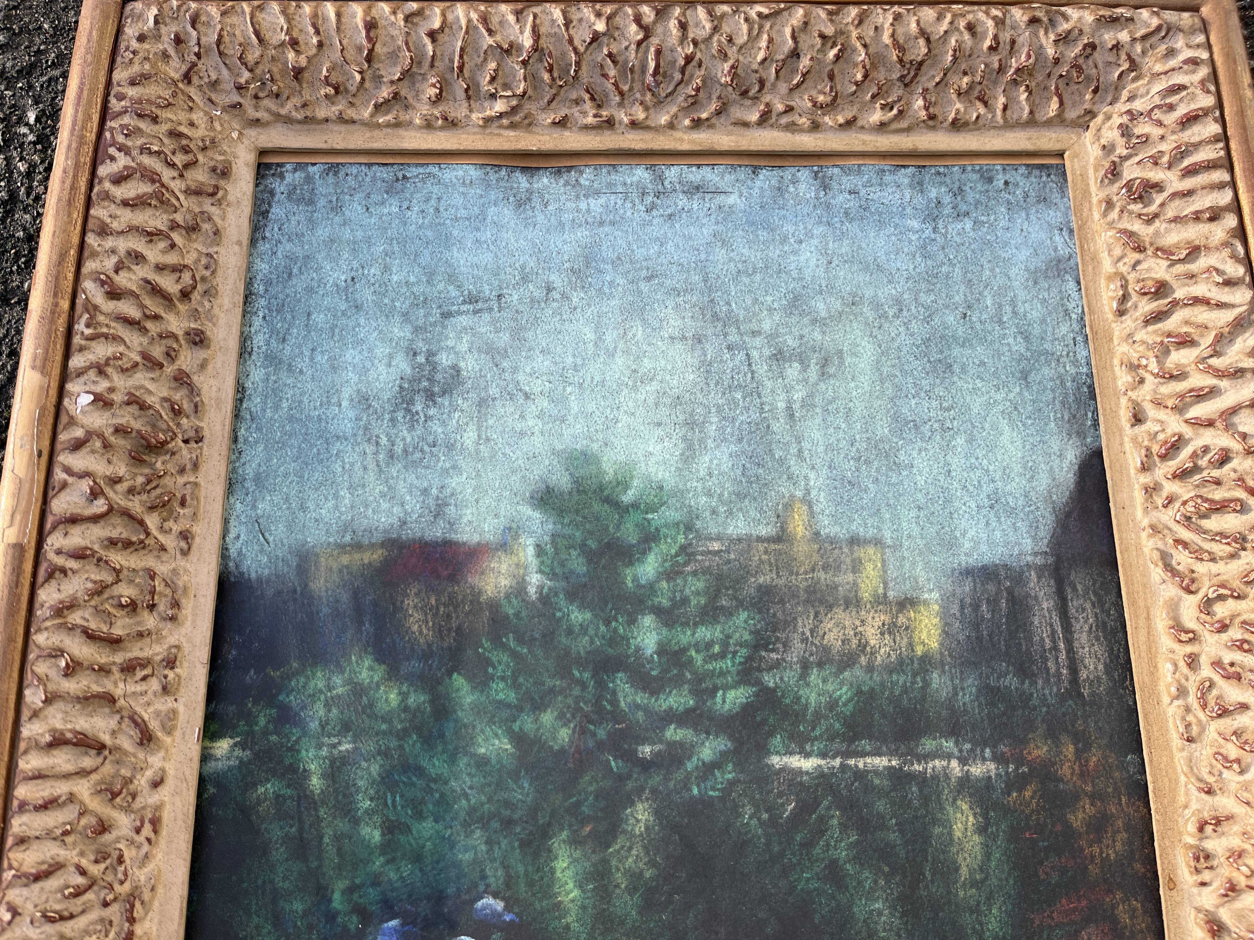 Old large pastel tableau - Scene of a wooded and flowered garden