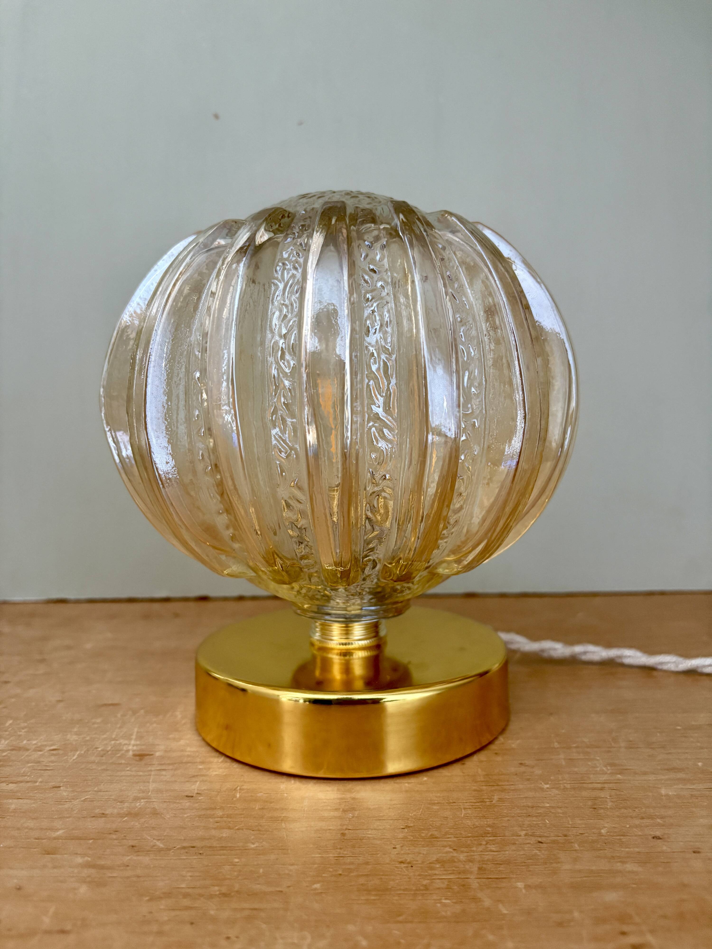 Vintage globe table lamp in half amber, half transparent molded glass