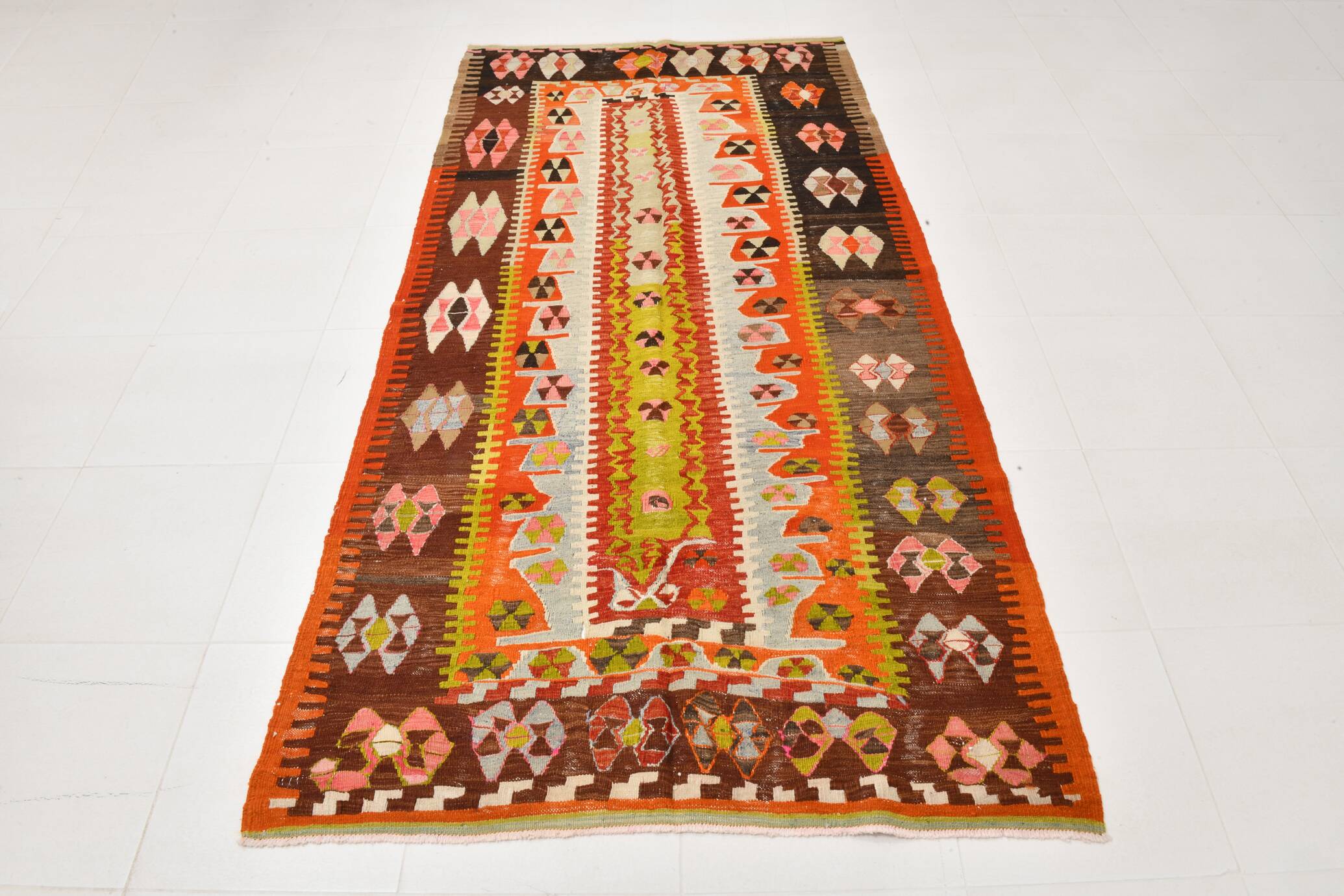 4x8 Multicolor Geometric Style Kilim Rug, 129x255 Antique Decor