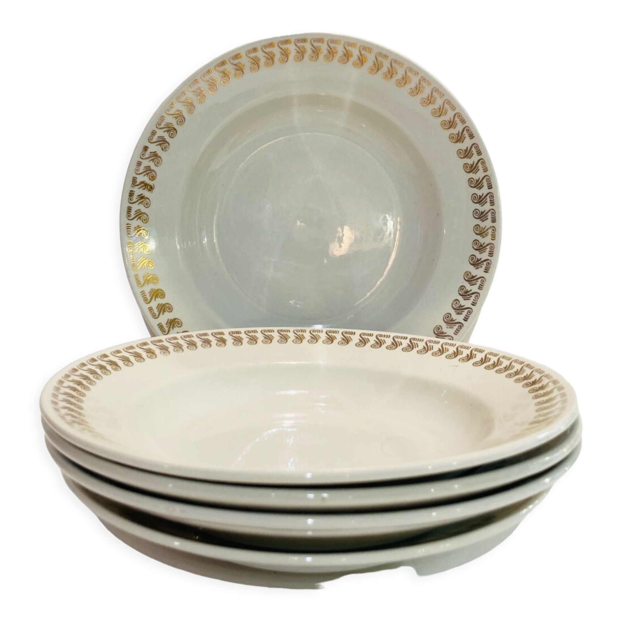X5 Luneville earthenware soup plates with golden decoration