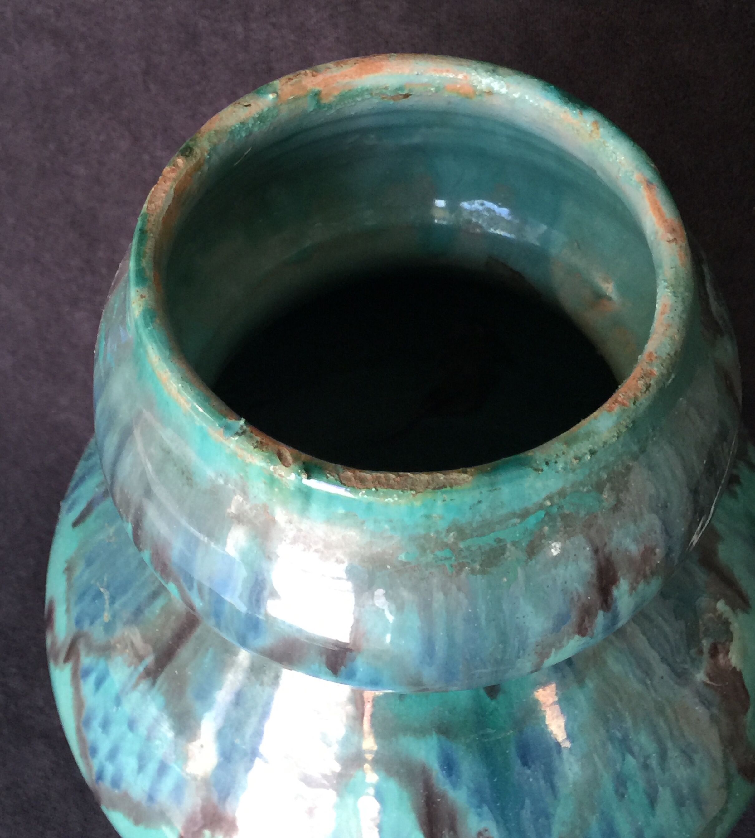 Enamelled ceramic vase, with a flaming blue-green décor