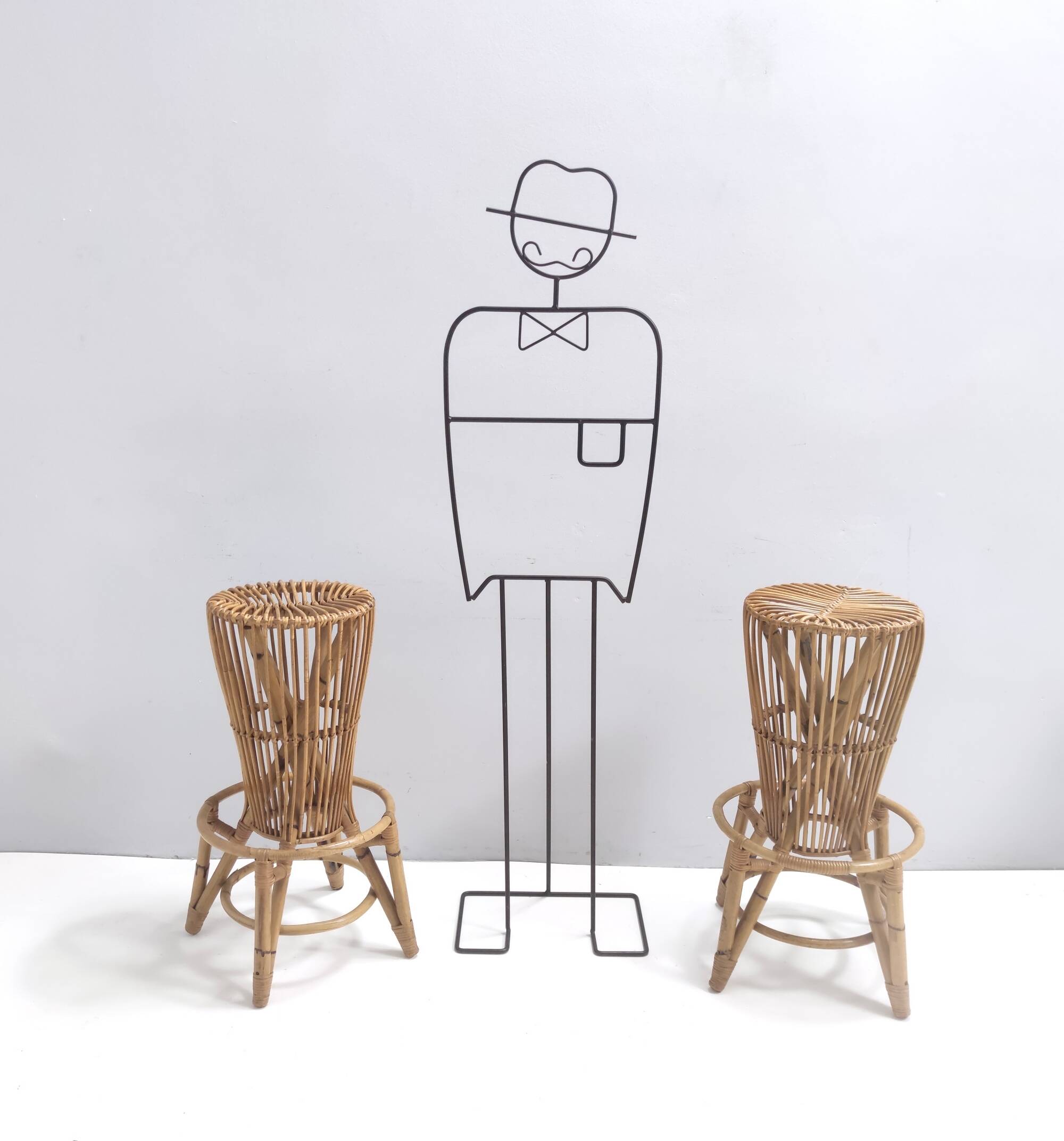 Pair of Postmodern Italian Round Bamboo Stools in the style of Agnoli