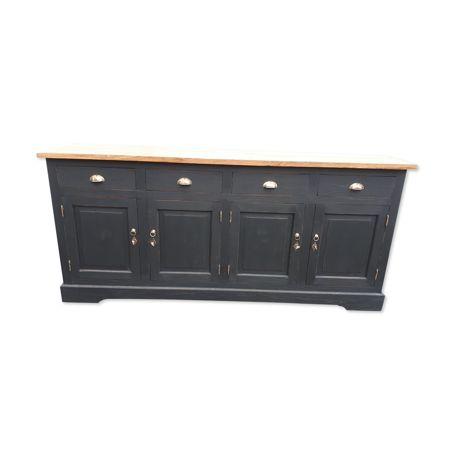 Industrial buffet four doors and four drawers black handles brushed brass patina