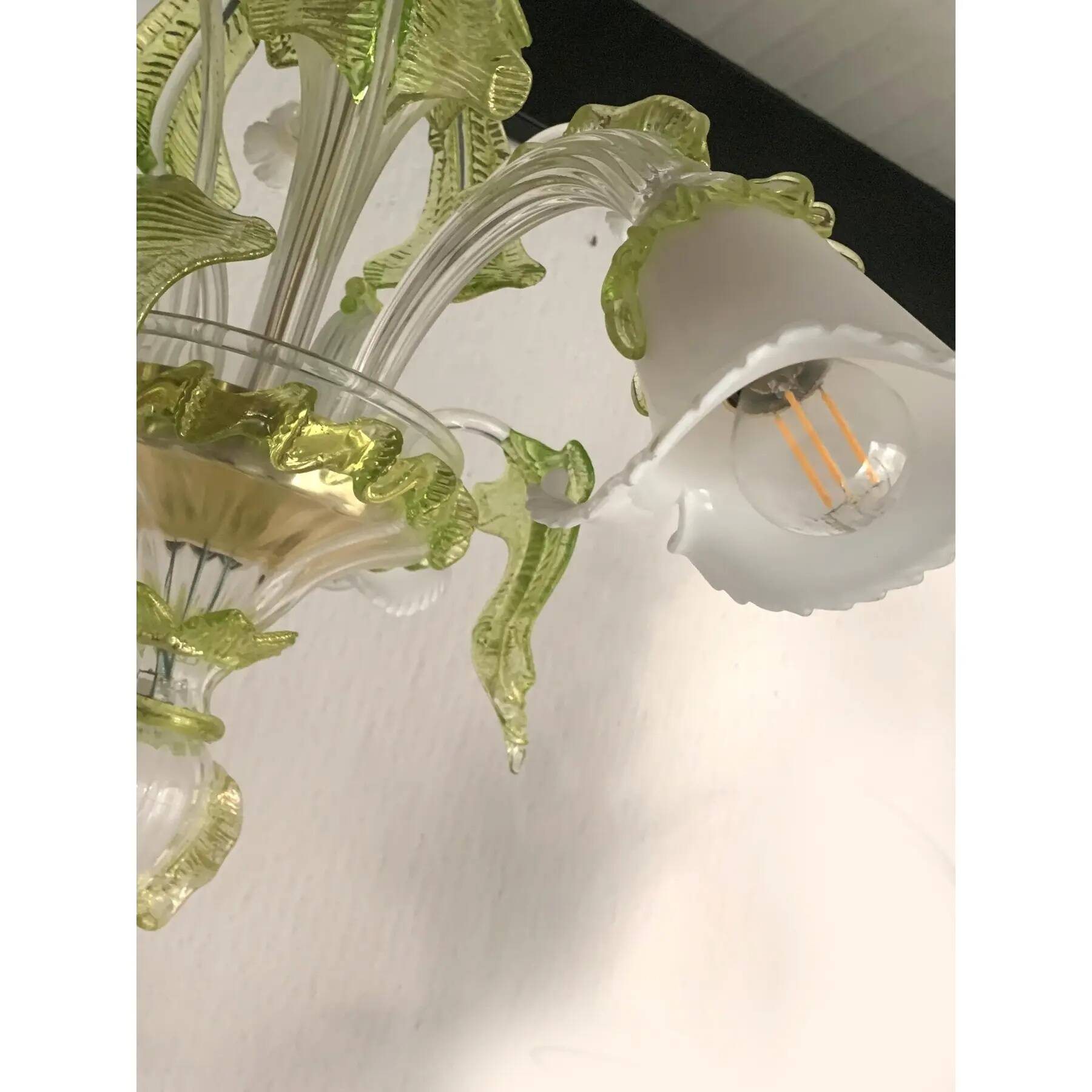 Floral and Green Leaf Milky “Calle” Glass Chandelier