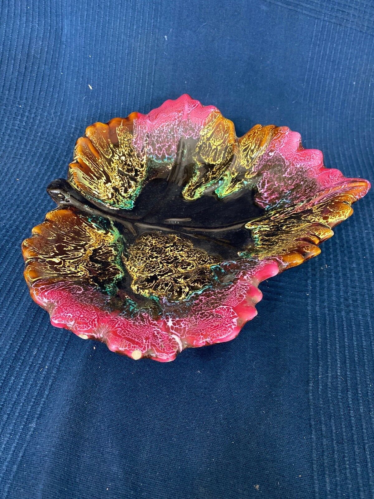 Ceramic leaf-shaped dish by vintage old Vallauris