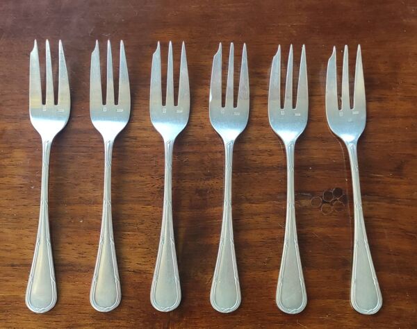 6 anciennes fourchettes couverts à huîtres métal argenté orfèvrerie Apollo