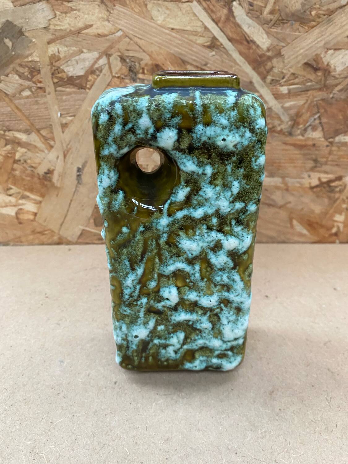 Ancien vase marei forme rectangle fat lava vert & blanc vintage