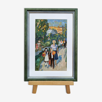 Vintage Framed Street Scene in Oil - 'Off to School'