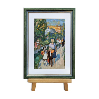 Vintage Framed Street Scene in Oil - 'Off to School'